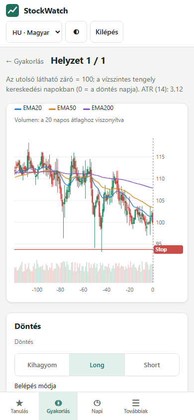 Egy rejtett gyakorló helyzet telefonon: normalizált chart mozgóátlagokkal, alatta a döntés (kihagyás, long, short)